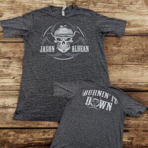 Jason Aldean‎ Burnin’ It Down Skull Gray Graphic T-Shirt Double Sided